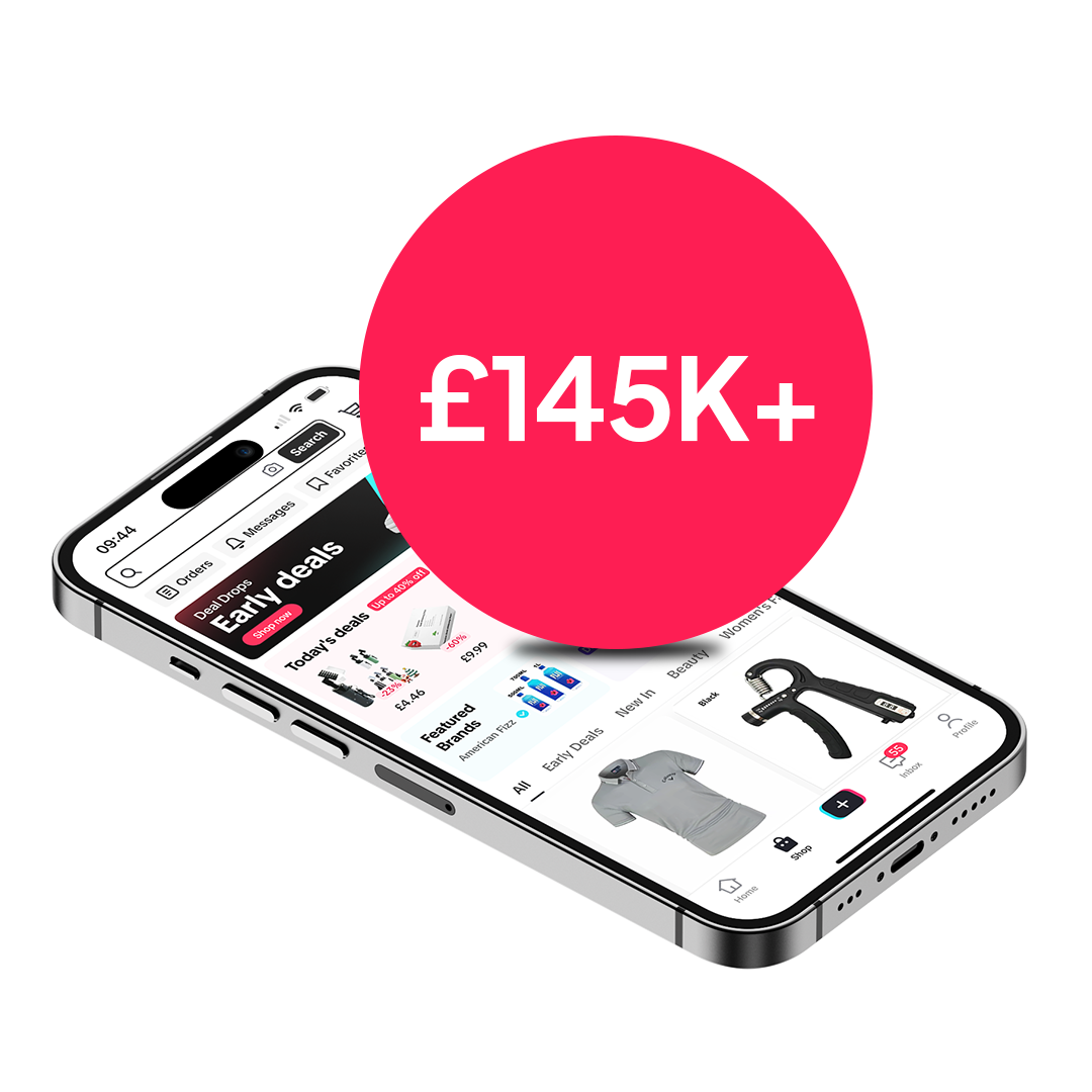 TikTok Shop Homepage on a Mobile Device with a Circle Icon Showing £145k+ Revenue